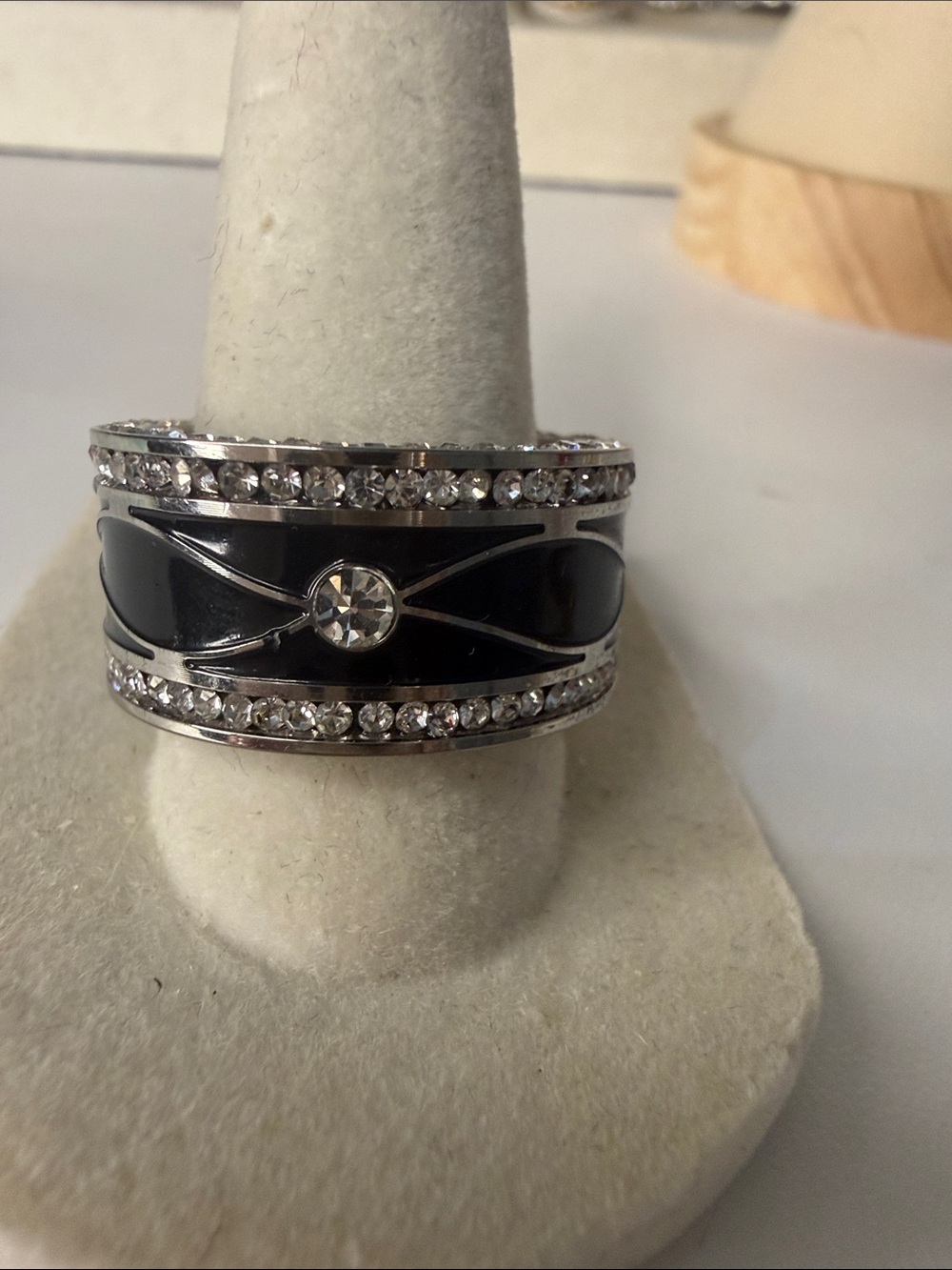 Stamped Black Crystal Accent Wide Band Enamel Ring Size 9